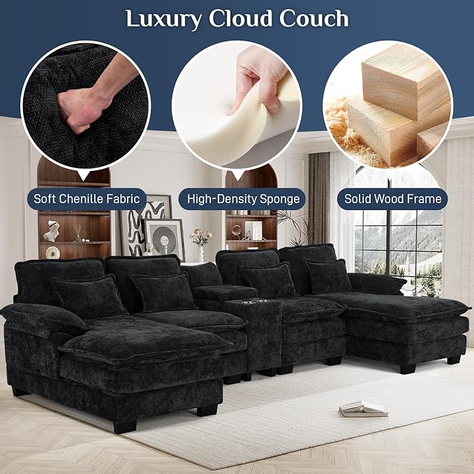 133 Oversized U Shaped Cloud Couch Modular Sectional Couches for Living Room Comfy Chenille Deep Seat Sofa Set with Double Chaise Lounge Storage Central Console Cup Holders USB Port Dark Black