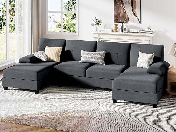 JY QAQA Sectional Couche with Soft Cushion U-Shaped Sofa with Double Chaise 4-Seat Linen Fabric Sofa Sets for Living Room Apartment Black