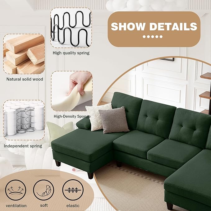 111 Sectional Couch for Living Room Modern Polyester Fibre U Shaped Sofa Couches with Double Chaise Upholstered 4 Seater Sofa for Living Room Apartment Office Dark Green