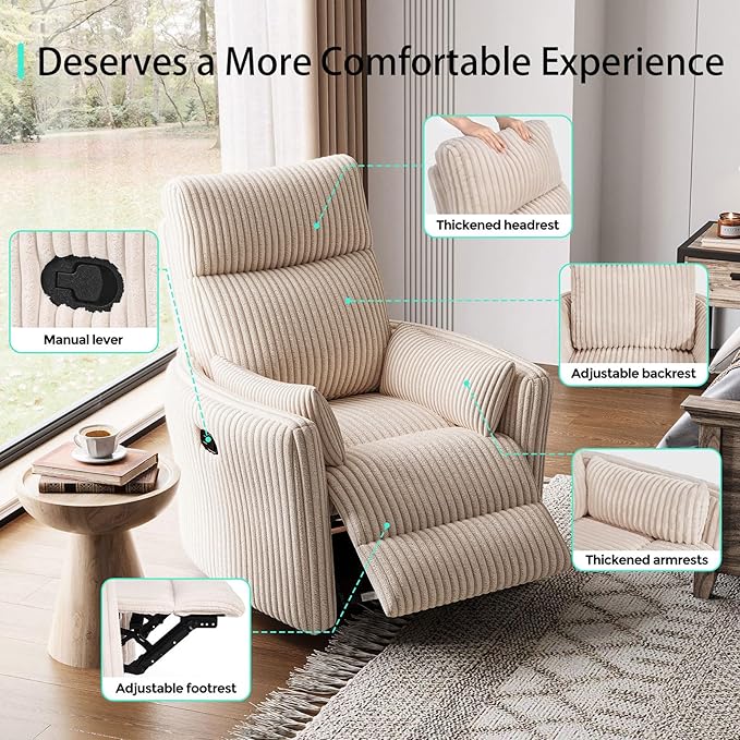 LINSY 360 Swivel Recliner Chair Nursery Glider Rocking Chair with 2 Pillows Corduroy Nursing Chair Comfy High Back Adult Rocker Recliner for Small Spaces Nursery Bedroom Living Room (Beige)
