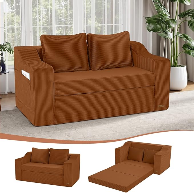 MeMoreCool Convertible Sofa Bed Pull Out Loveseat Sofa Sleeper Couch for Bedroom Living Room Lounge 2 in 1 Small Couch Bed with Pillow Foldable Love Seat Futon Corduroy Orange
