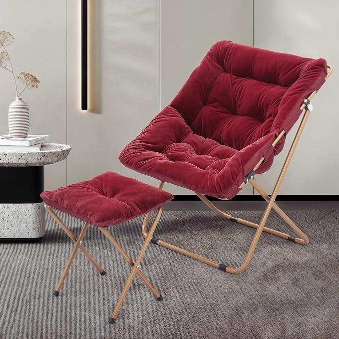 MoNiBloom Square Folding Faux Fur Saucer Chair for Bedroom Living Room Foldable Metal Frame Oversized Large Comfy Furry Padded Soft Cozy Moon Chair with Footrest Ottoman for Adults (Burgundy 2 Set)