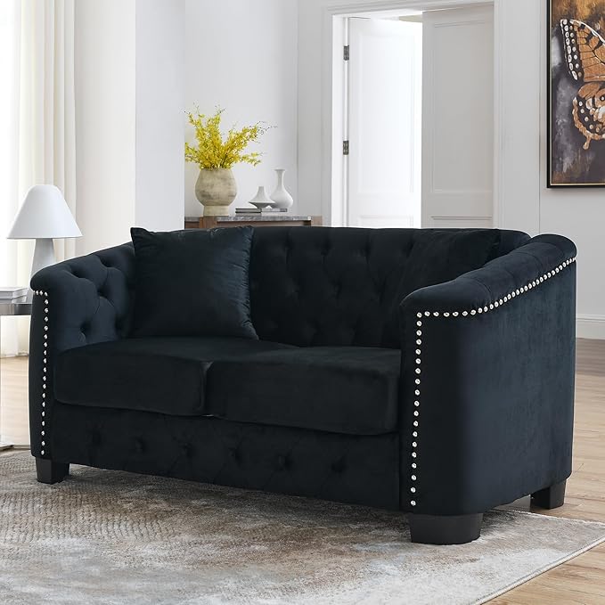 mikibama Modern Chesterfield Velvet Loveseat Sofa 59 Inch Sectional Sofa Luxury 2 Seater Upholstered Tufted Couch with Nailhead Arms and 2 Pillows for Living Room Bedroom Apartment(Black)