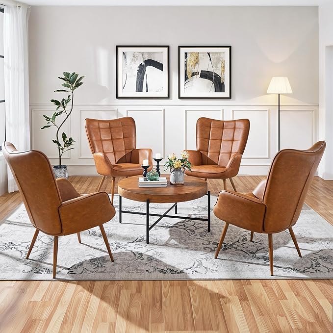 Yaheetech Accent Chairs Large PU Leather High-Back Chair w/Metal Legs Pottery Barn Style Living Room Chairs for Bedroom/Home Office Brown Set of 2