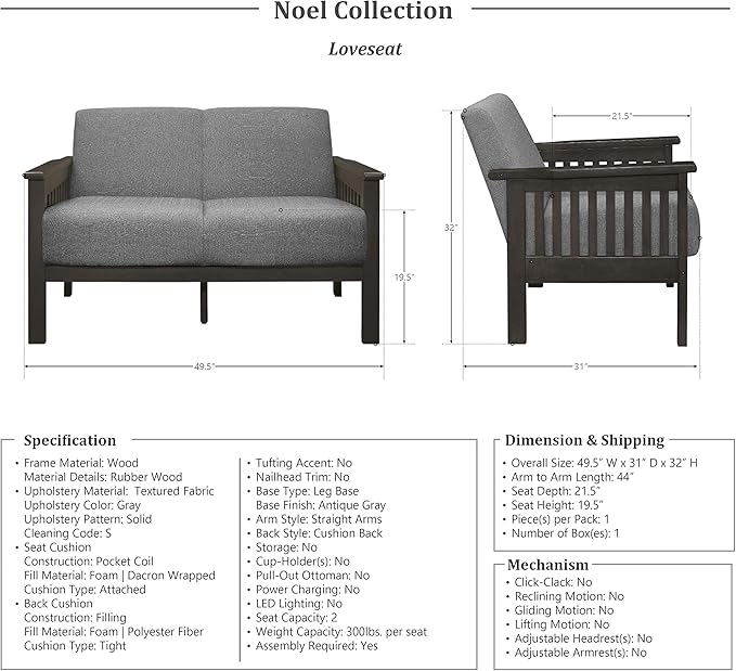 Lexicon Noel 49.5 W Fabric Living Room Sofa Loveseat Gray
