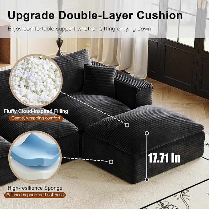 108'' Modular Sectional Sofa with Ottoman Corduroy Cloud Sectional Couches for Living Room High-Back Modern L Shaped Boneless Couch Deep Seat 3 Seater Sofa No Assembly Required Black