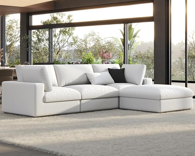 PaPaJet Modular Sectional Sofa 114 Inches Oversized Down Filled Sectional Sofa 4 Seats L Shaped Comfy Couch with Chaise Ottoman Could Sofa for Living Room White Linen Couch Set