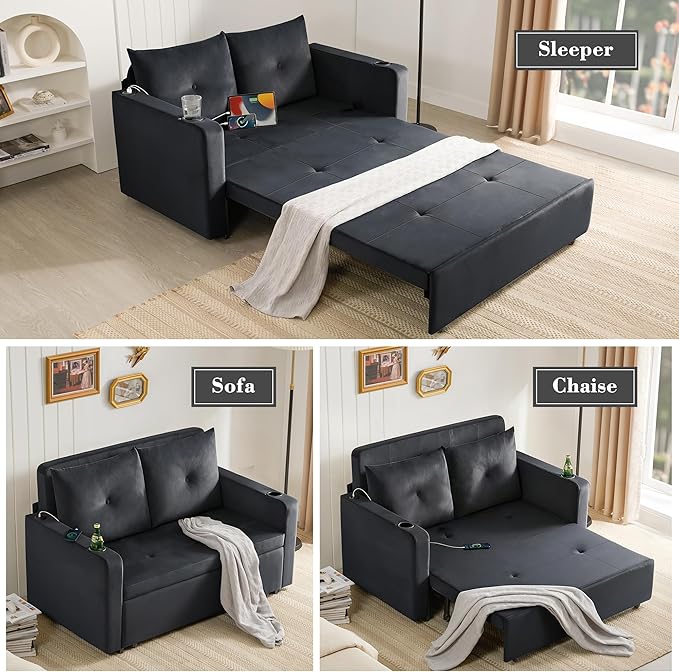 3 in 1 Pull Out Couch 56 Inch Velvet Sofa Bed Convertible Loveseat Sleeper Sofa for Living Room Small Space Upholstered Couch Bed with USB Cup Holder(Black)