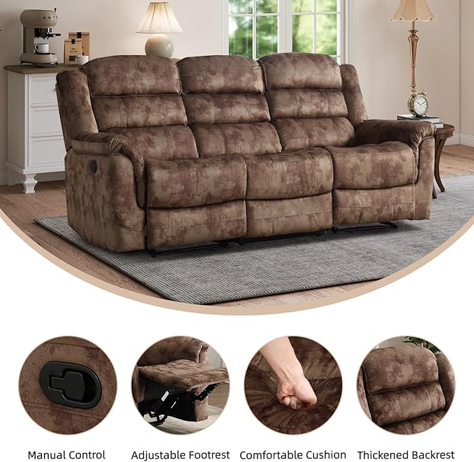 EBELLO Reclining Sofa for Living Room Extra Wide Modern Overstuffed 3 Seat Recliner Manual Sofa Chair Breathable Soft Fabric and Padded Seat Brown