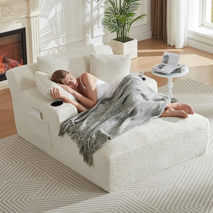 49.2Oversized Chaise Lounge Chair IndoorFaux Fur Boneless Reading Chair with Cup Holder&ampSide PocketsCloud Sofa BedComfy Modern Sleeper Chairs in Box for Living RoomNo Assembly(Light Grey)