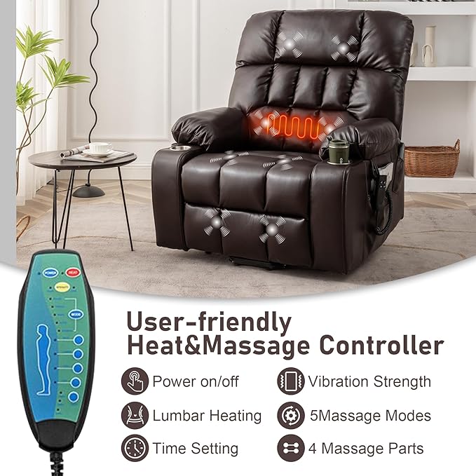 Oversized Power Recliner Chair for Big and Tall 400 LBS 25.5 Extra Wide Electric Lift Chair with Heat and Massage Dual Motor 180° Lay Flat Recliner Living Room Sofa PU Leather Big Recliner