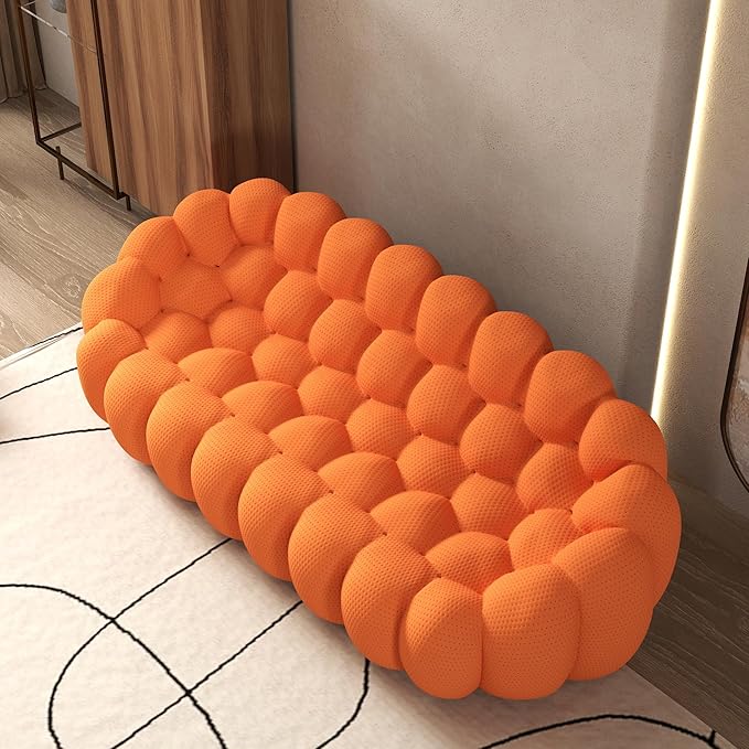Bubble Couch Modern 3-Seater Upholstered Mesh Fabric Round Floor Sofa 3D Honeycomb Shape Bubble Sofa Curved Sofas for Living Room Circle Boneless Orange Couch No-Assembly (Orange 98.43)