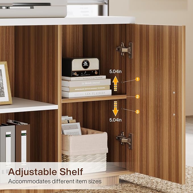 Tribesigns 85.8-Inch L-Shaped Executive Desk with File Drawers Door Cabinet &amp Shelves Extra Large Commercial Office Desk Modern Professional Office Table White &amp Brown Business Furniture