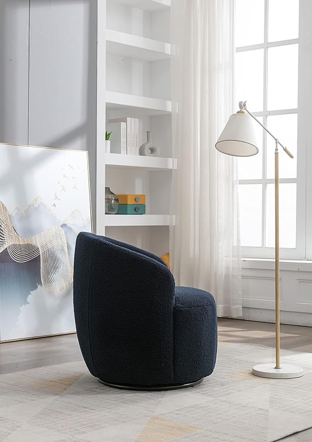 kevinplus Swivel Barrel Chair Accent Armchair for Living Room Bedroom 360 Degree Modern Round Upholstered Single Sofa Couch Chair Cozy Small Swivel Chair for Apartment Teddy Fabric Dark Blue