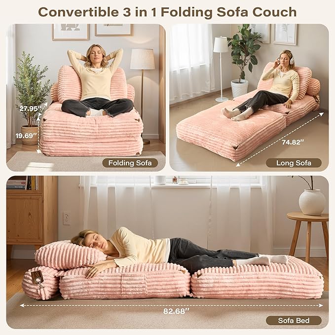 75''Foldable Sofa BedPink Convertible Folding Sleeper Chair BedFoldable Single Sofa Foam Filling Couch with Pillow Comfy Corduroy Lazy Floor Sofa for Small Room Living Room Bedroom Apartment