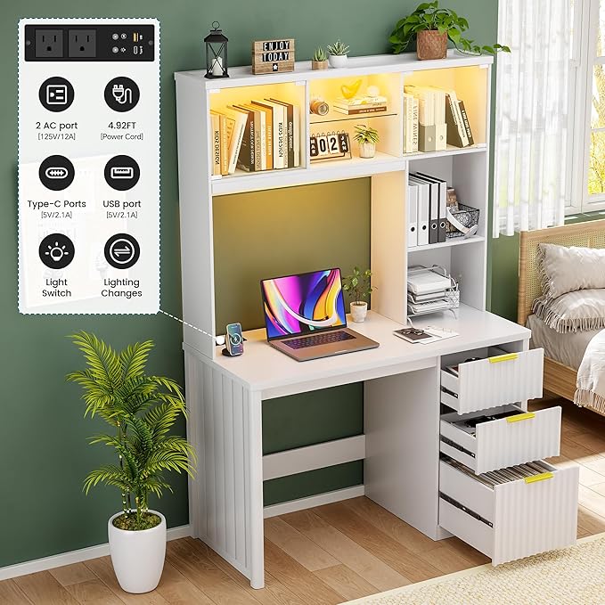 Standing Desk with LED Light for Office Room Smart Computer Desk with Hutch and Drawer for Game RoomModern Study Table with 2AC Port Charging Station/Lamp/for Bedroom (White)
