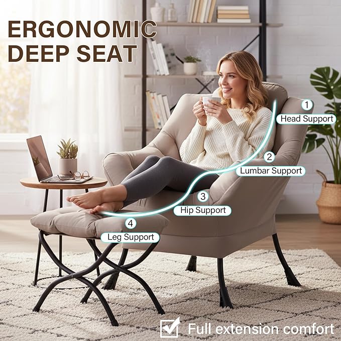 Welnow Lazy Chair with Ottoman Modern Reading Accent Chair with Armrests and a Side Pocket Leisure Upholstered Lazy Sofa Set with Footrest for Small Space Khaki