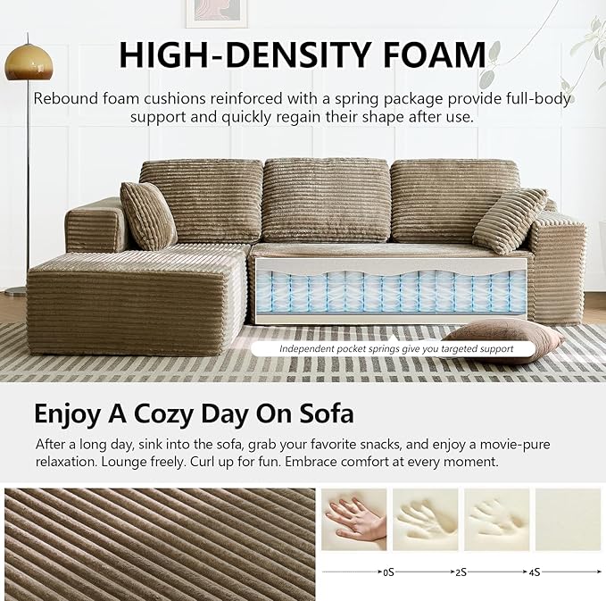 L-Shape Couch Modular Sectional Sofa Couches 3 Seat Modular Sofa Memory Foam Sectional Couches for Living Room Cloud Couch with Oversized Chaise (Camel Left Facing Chaise)