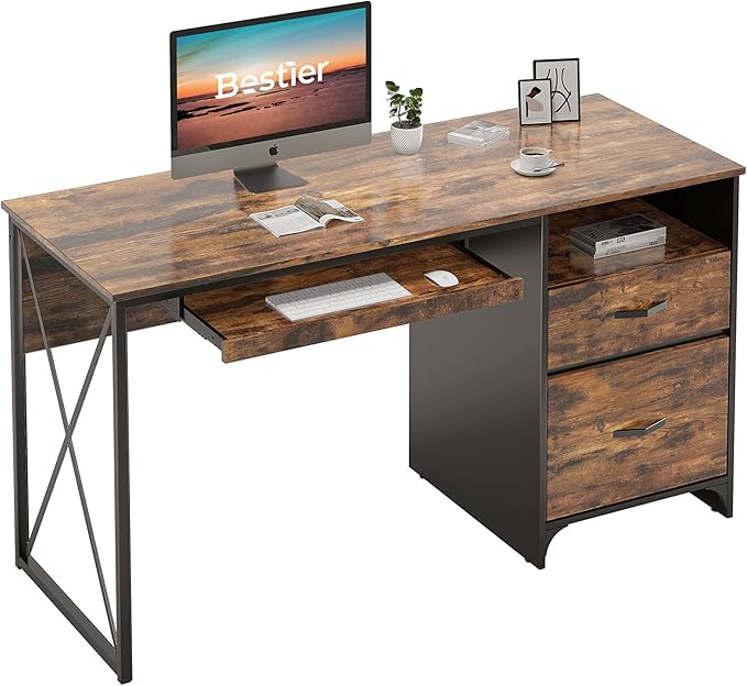 Bestier Office Desk with Drawers 55 inch Industrial Computer Desk with Storage Wood Teacher Desk with Keyboard Tray &amp File Drawer for Home Office Rustic Brown
