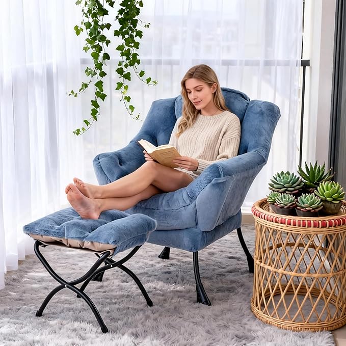 Welnow Lazy Chair with Ottoman Modern Accent Chair with Armrests and a Side Pocket Leisure Sofa Armchair Set Reading Armchair with Footrest for Small Space Plush Light Blue