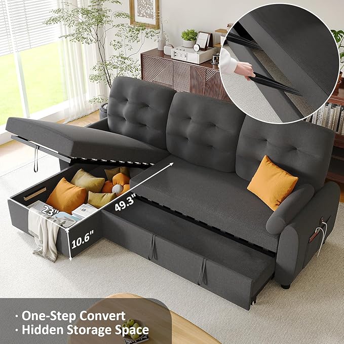 Ucloveria Sleeper Sofa Bed 86 Convertible Sectional Sofa Couches for Living Room Pull Out Couch Bed with Reversible Storage Chaise | USB Ports | Side Pockets | Removable Backrest