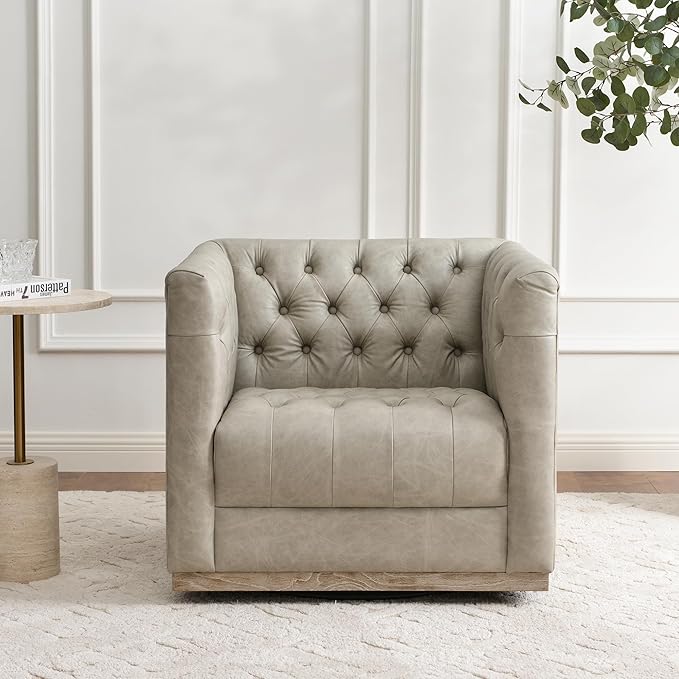 KINWELL 32'' W Genuine Leather Square Swivel Barrel Chair Mid Century Modern Tufted Swivel Accent Chair for Living Room Bedroom Office (Light Gray)