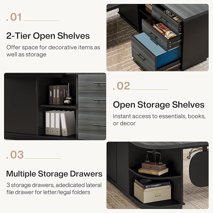 Tribesigns 81-Inch L-Shaped Executive Desk Large Modern Office Desk with Drawers and File Cabinet for Home or Business Workspace Grey &amp Black Computer Desk with Storage Shelves