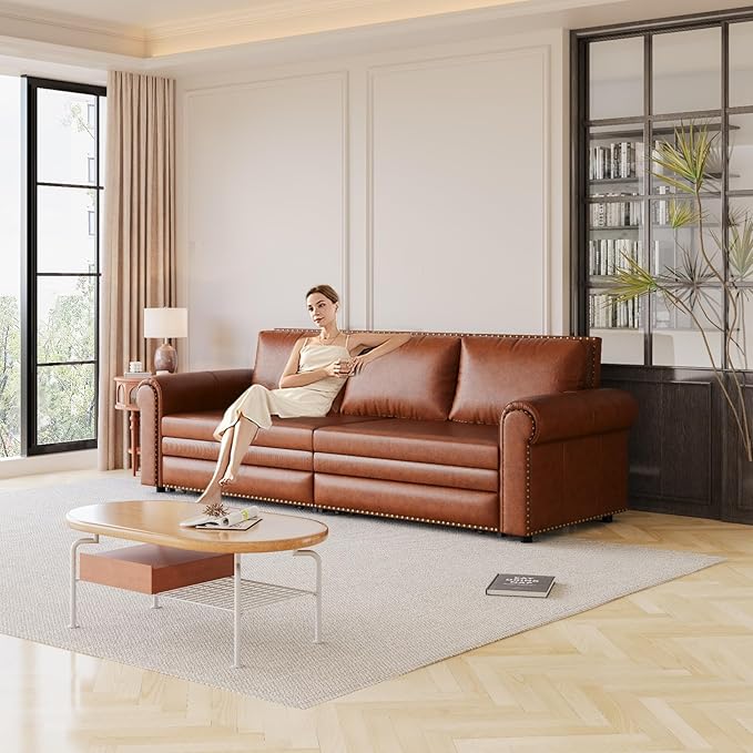 93.7 King Size Chesterfield 3-seat Pull Out Sofa Bed Leather Sofa Bed with Nailhead Trim and Rolled Arm 3-in-1 Sofa Sleeper for Living Room Apartment Office Light Brown