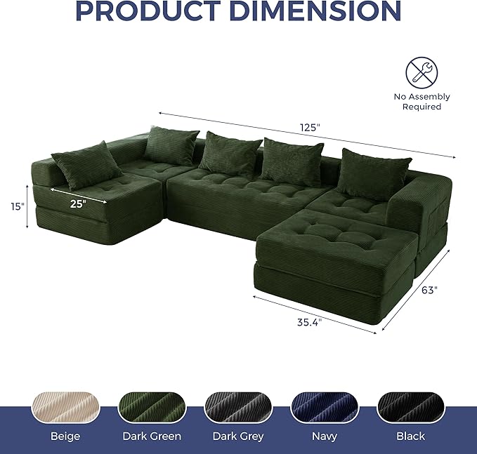MAXYOYO Modular Sectional Sofa Couch Foldable U Shaped Cloud Couch with Pillows Tufted 6-Seat Boneless Sleeper Lounger Floor Sofa Bed for Living Room No Assembly Required Dark Green