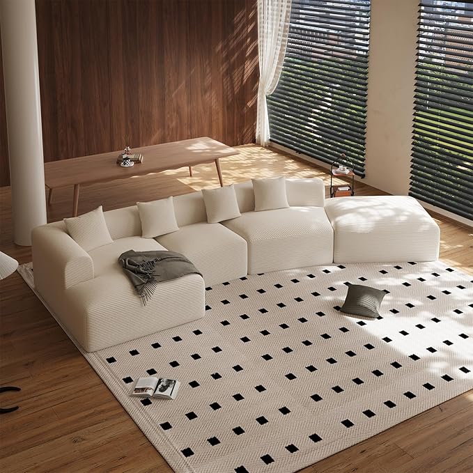 158” Oversized Modular Cloud Couch Boneless 5-Seat Sectional Sofa with Chaise &amp Movable Ottoman Plush Corduroy Deep Seat No Assembly Required(Beige White)