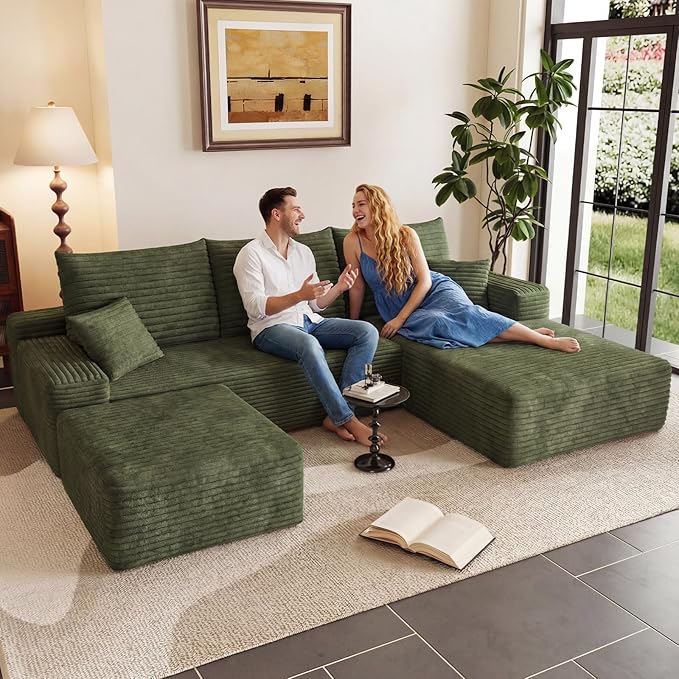 Modular Sectional Sofa Cloud Sectional Couch 95 Comfy Fluffy U-Shaped Couches for Living Room Deep Seat Memory Foam Plush Corduroy Boneless Couch Sectionals No Assembly (GreenRight-Facing Chaise)