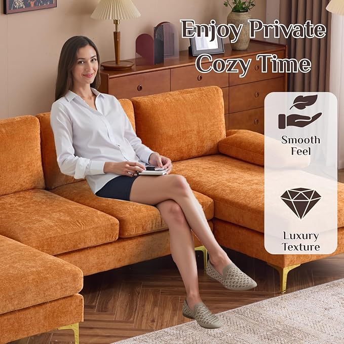 Karl home Convertible Sectional Sofa 110 U-Shape Sofa Couch 4-Seat Couch with Chaise ChenilleFabric Upholstered for Living Room Apartment Office Orange