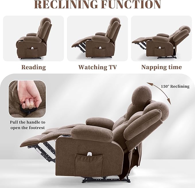Oversized Recliner Sofa with Heat and Massage Big Large 2-Seater RV Recliner Couch Sofa for Living Room Wall-Hugger Reclining Sofa with Cup Holders and USB Port(Fabric Brown)