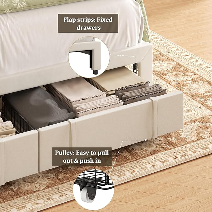 Queen Bed Frame with Storage Drawers Upholstered Queen Size Platform Bed with 47 Tall Headboard and Wingboard No Box Spring Needed Noise Free Easy Assembly Wooden Support Slats Beige