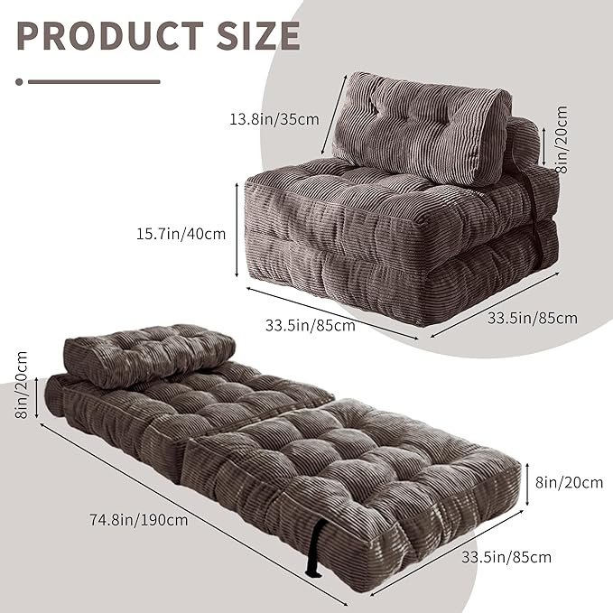 Folding Sofa Bed Convertible Floor Sofa Chair Bed with Pillow Comfy Corduroy Sleeper Lounge with Back Support Portable Fold Out Mattress for Living Room Bedroom Dorm(Coffee)