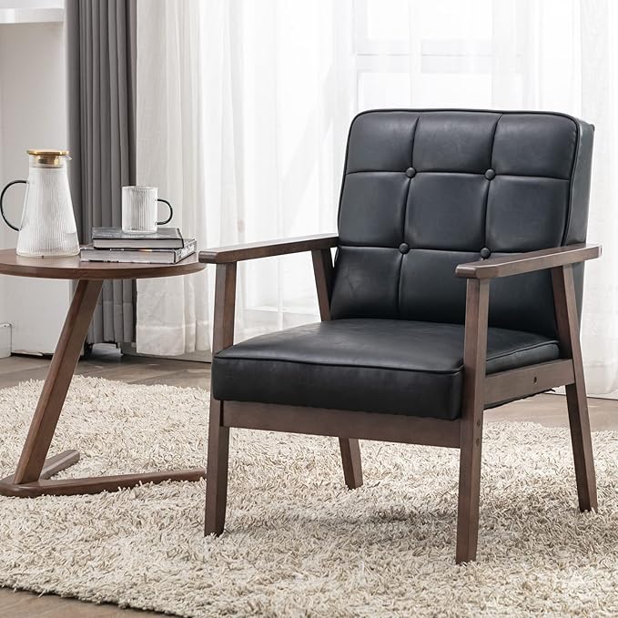 Okeysen Mid Century Modern Accent Chair Retro Wood and Leather Armchairs Side Chair Lounge Reading Comfy Arm Chair for Living Room Bedroom Office (Matte Black)