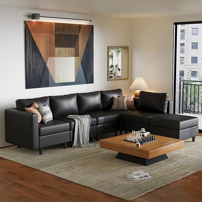 ABCASA 118.5 Faux Leather Modular Sectional Sofa L Shaped Couch Set for Living Room 6-Seater Comfy Cloud Couches with Movable Storage Ottoman Black