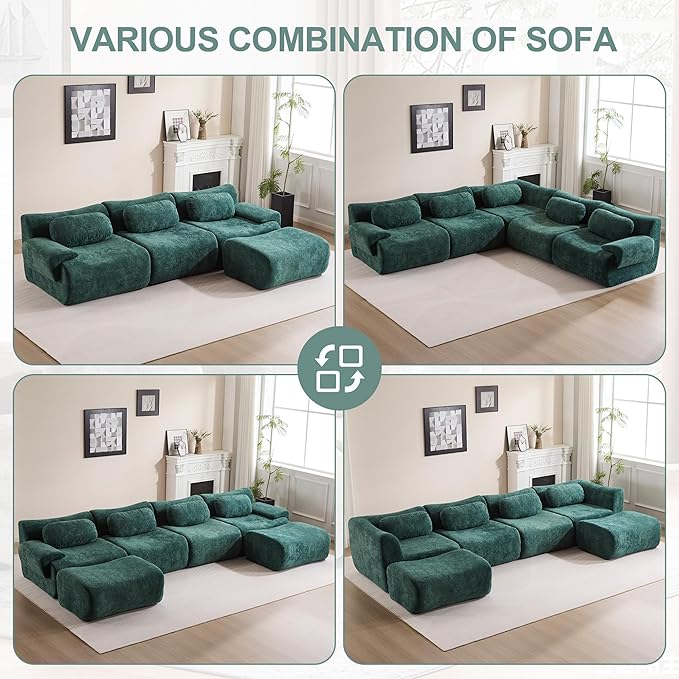 Multiple Modular Boneless Couches for Living Room Cloud Sectional Sofa with Comfy Deep Seat Oversized Loveseat Couch for Bedroom Apartment No Assembly 2 Modules Combined Dark Green