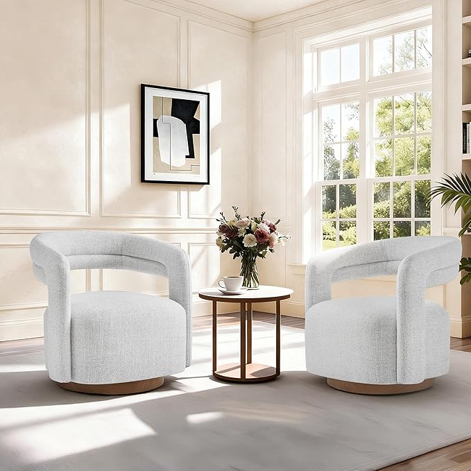 Swivel Accent Chair Set of 2 Upholstered Barrel Chair with Open Back Design Modern Arm Chair with Wooden Base for Living Room Bedroom Reading WaitingroomWhite