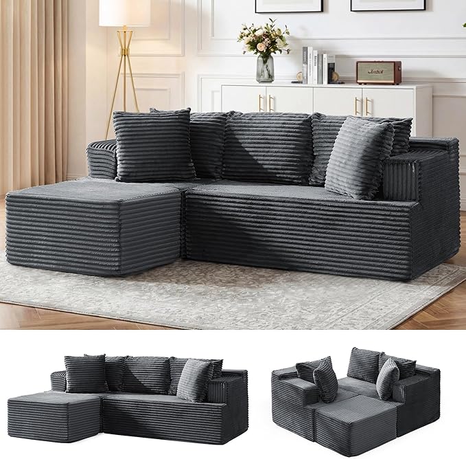 80 Cloud Modular Sectional Sofa with L-Shaped Boneless Couches for Living Room Fluffy Comfy Corduroy Deep Seat with Ottoman Bedroom Apartment No Assembly Required