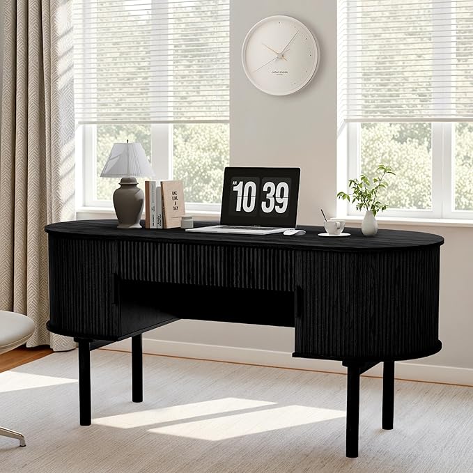 Executive Office Desk with Storage 63 Inch Large Computer Workstation Desk with Drawer and File Cabinets Mid Century Modern Fluted Wood Writing Desk for Home Office Study Room Living Room Black