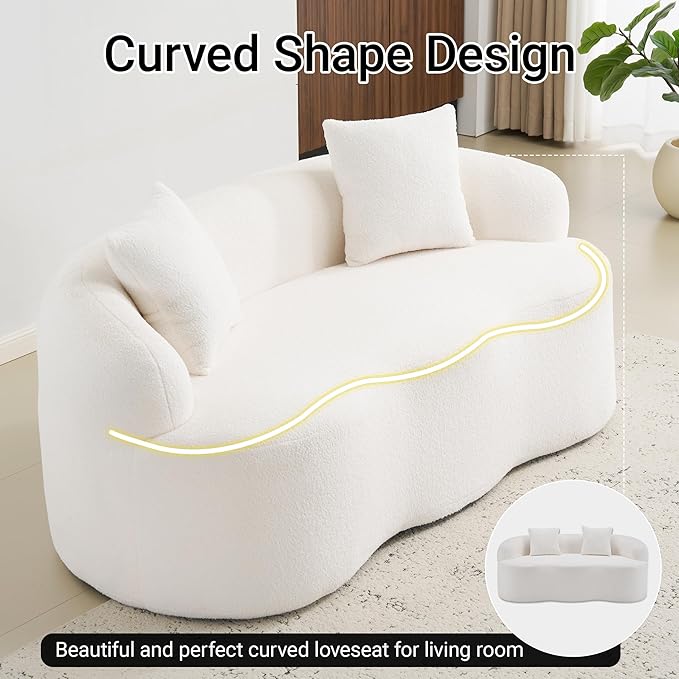 67”Curved Loveseat for Living Room Deep Seat Cloud Loveseat with 2 Throw Pillows Modern Loveseat Adopt Teddy Fabric for Small Spaces The Love Seat Couch No Assembly Needed White Loveseat