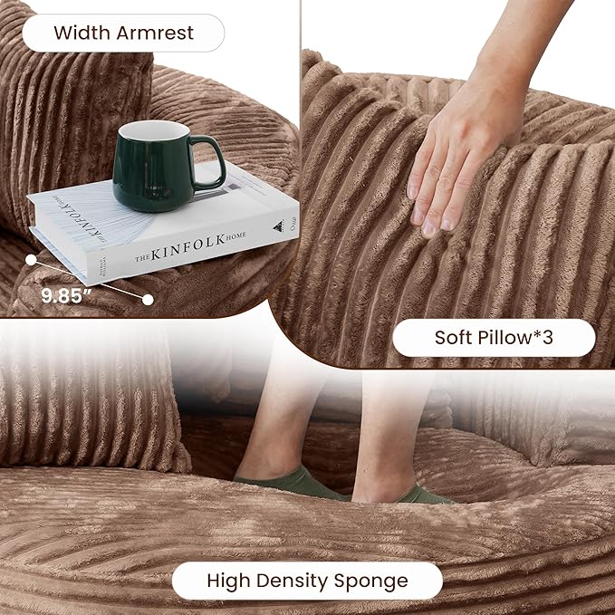 Oversized Round Chaise Lounge Chair Indoor 50'' Corduroy Single Floor Sofa Chairs Circle Deep Seat Sleeper Chair Modern Upholstered Boneless Sofa for Living Room Bedroom Apartment Brown