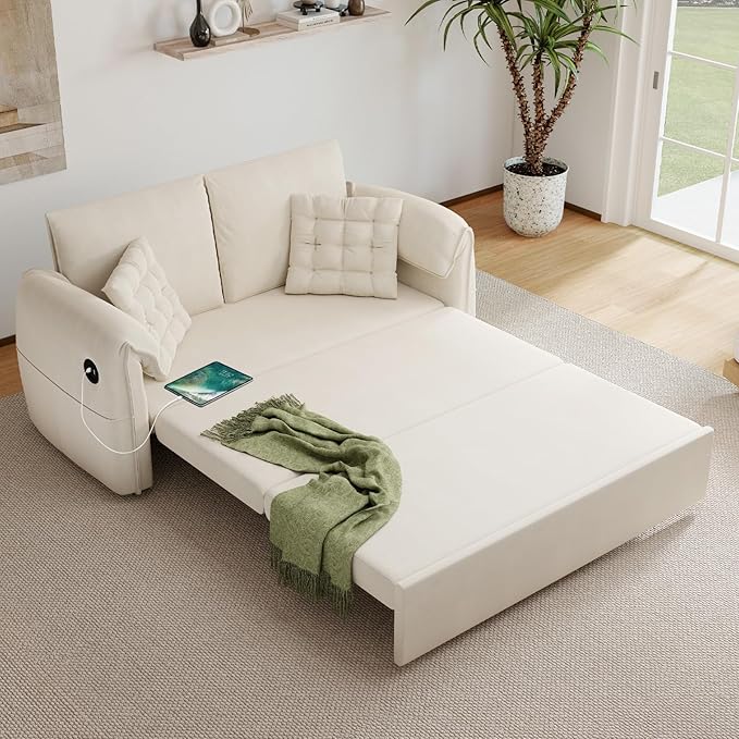 3-in-1 Sleeper Sofa Bed(87 Length)62.9 W Couch with Pull Out Bed with 6-Position Adjustable BackrestHidden Storage &amp USB for Living RoomBeige