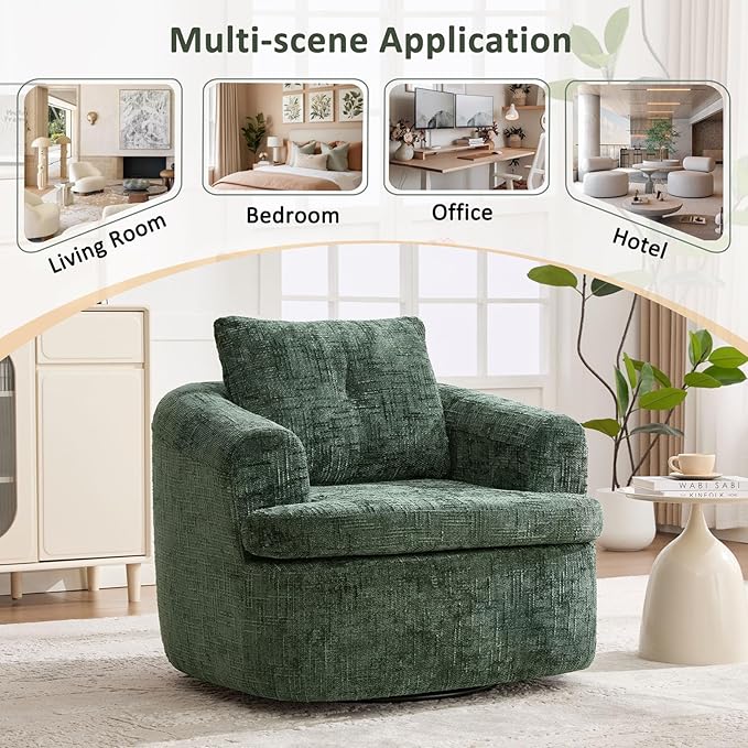 36.6 Boucle Swivel Barrel Chair - Chenille Accent Armchair with Pocket Spring Cushion Ergonomic Armrests &amp Throw Pillow Comfy Single Sofa Chair for Nursery Living Room &amp Offices (Green)