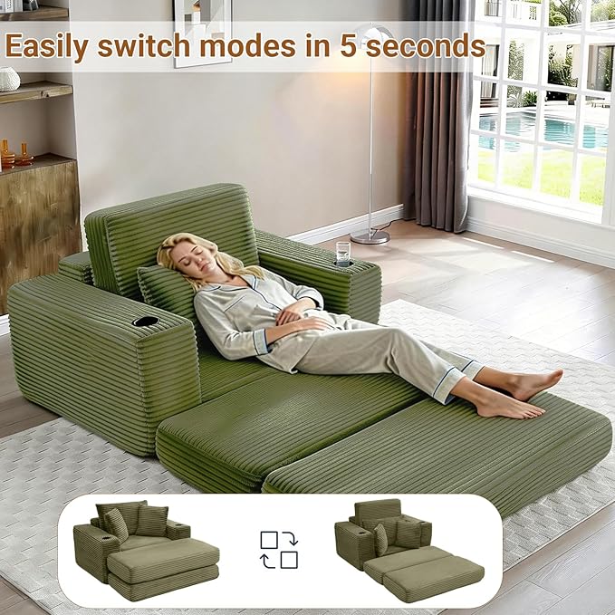 53 Oversized Chaise Lounge Chair Indoor Modular 3-in-1 Corduroy Boneless Chair Cloud-Like Cozy Comfy Sofa Bed Sleeper Couch for Reading Living Room Bedroom Green