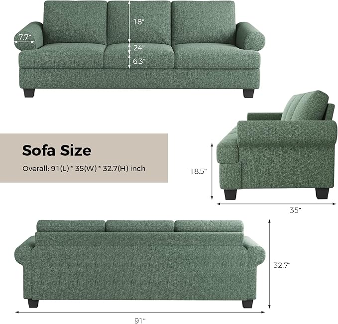 91 Inch Lawson Sofa with Extra Deep Seats Oversize Mid-Century 3-Seat Sofa Couch for Living Room Apartment Lounge Green