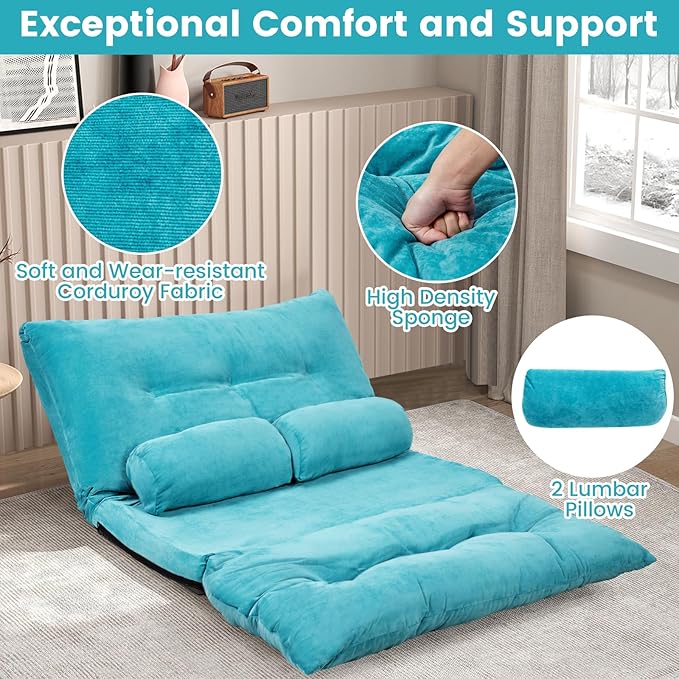 KOMFOTT Foldable Floor Lazy Sofa with 2 Pillows 6-Position Adjustable Reclining Sofa Sleeper Bed Convertible Futon Couch Bed Floor Couch Lounge for Relaxing Reading Playing Gaming (Turquoise)