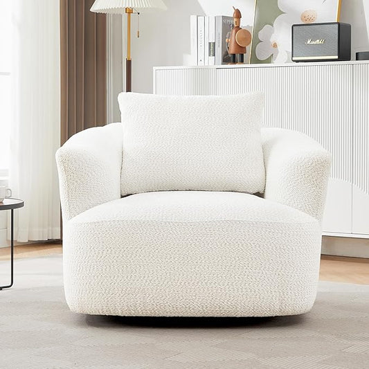 360° Swivel Chair 38.2 Accent Chair Sofa Boucle Fabric Upholstered Swivel Barrel Sofa Chair with a Throw Pillow for Living Room Bedroom Office Hotel (Beige-4.29)