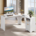 Bestier L Shaped Desk with File Drawer 55.7 x 55 Office Computer Desk with Round Corners Modern Desk with Monitor Stand &amp Fluted Panels for Home Office White
